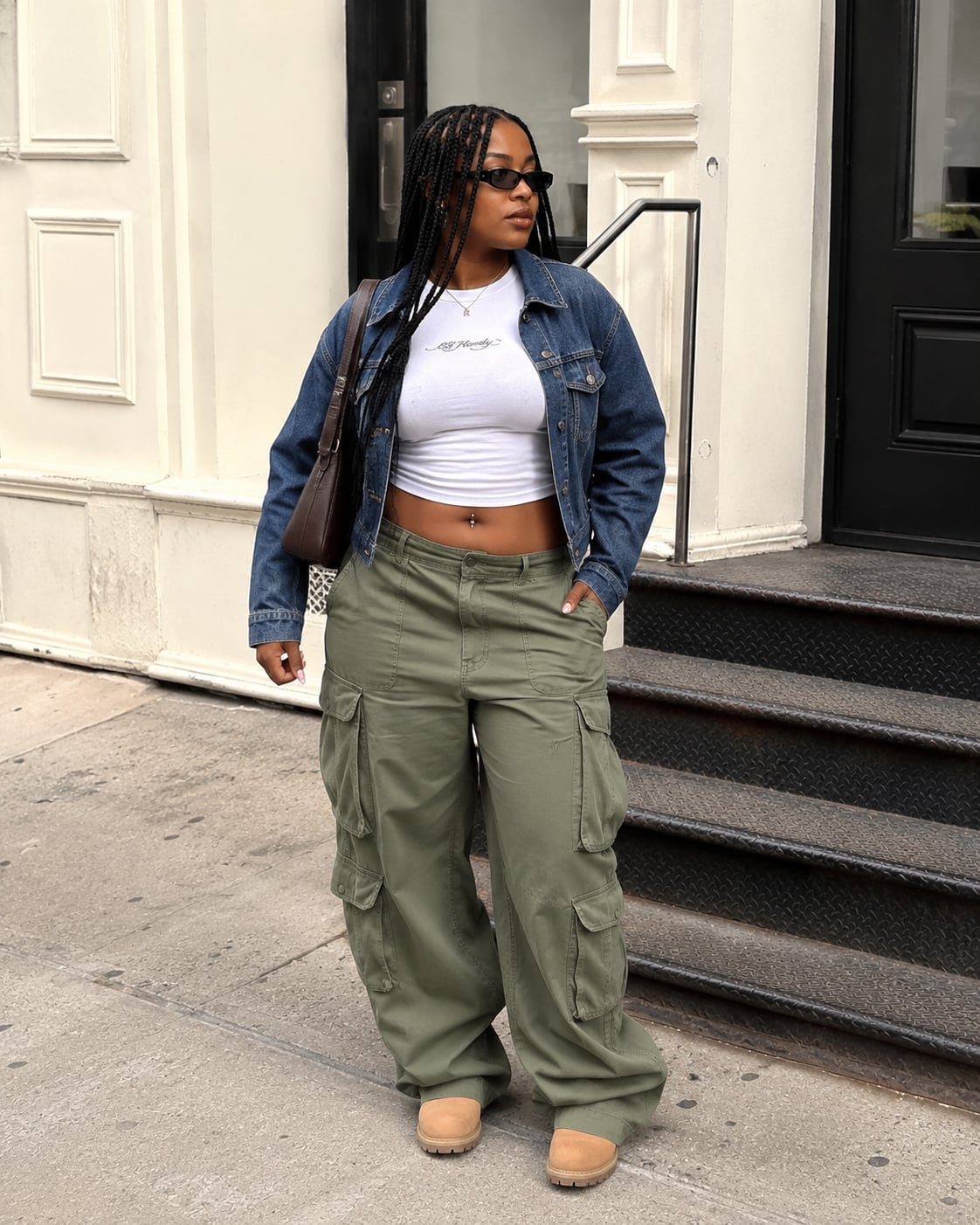 Baggy Olive Green Cargo Pants with Denim Jacket Baggy Olive Green Cargo Pants with Denim Jacket — Chic Green Cargo Pants Outfit