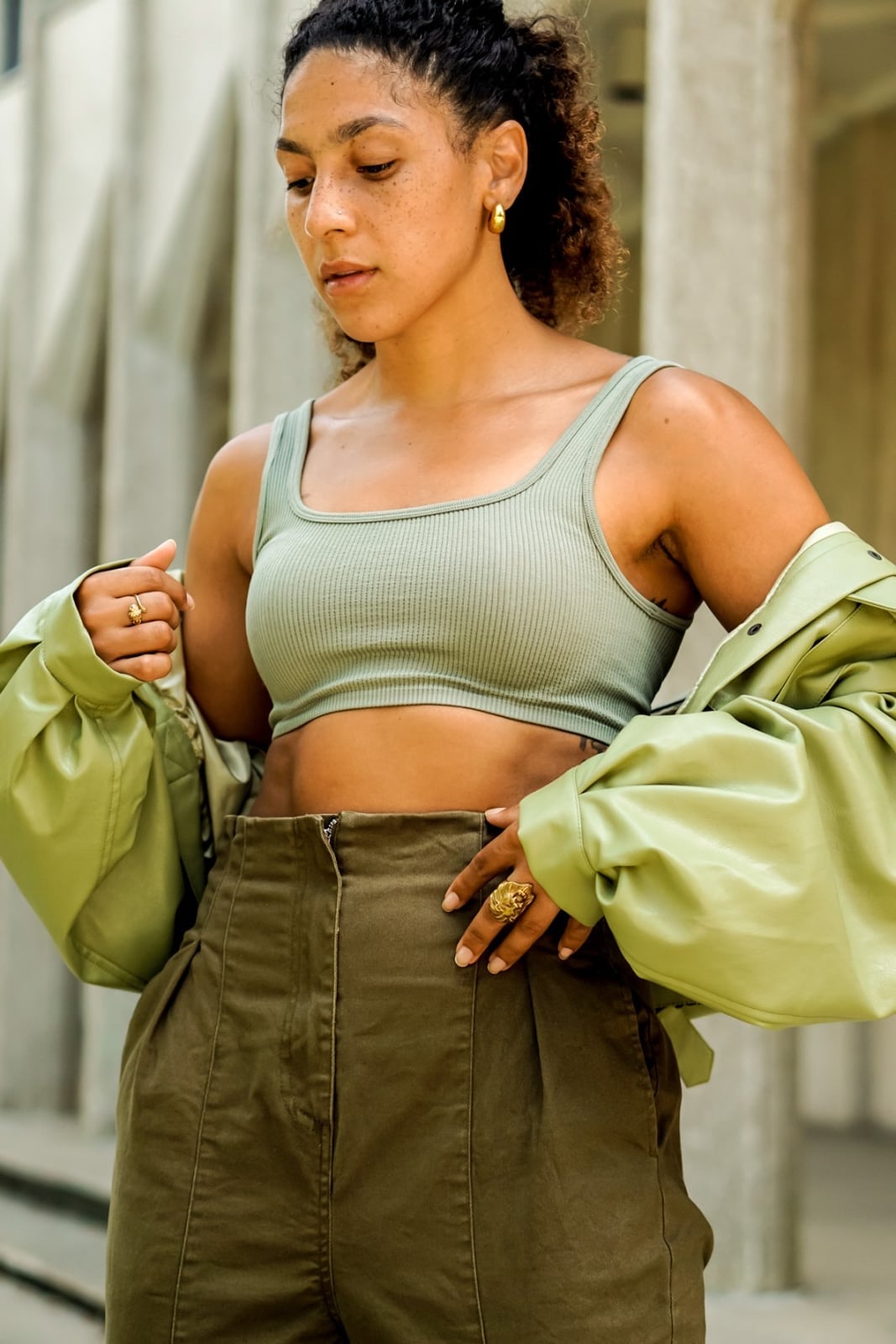 Khaki Cargo Pants with Green Leather Jacket Khaki Cargo Pants with Green Leather Jacket — Chic Green Cargo Pants Outfit