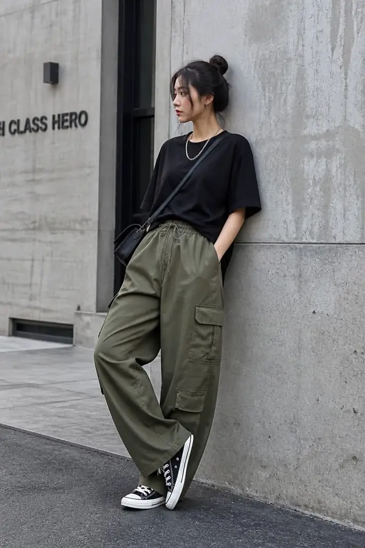 Green Cargo Pants with Black T-Shirt and Sneakers Green Cargo Pants with Black T-Shirt and Sneakers — Chic Green Cargo Pants Outfit