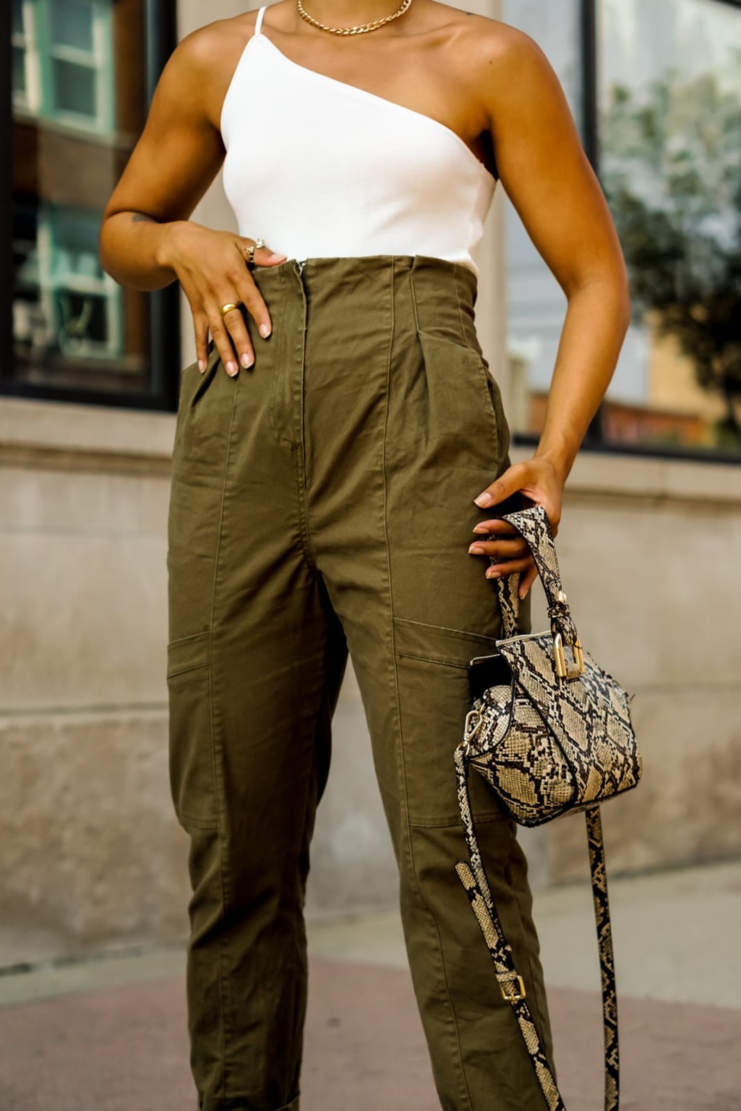 High Waisted Olive Green Cargo Pants with One-Shoulder Top High Waisted Olive Green Cargo Pants with One-Shoulder Top — Chic Green Cargo Pants Outfit