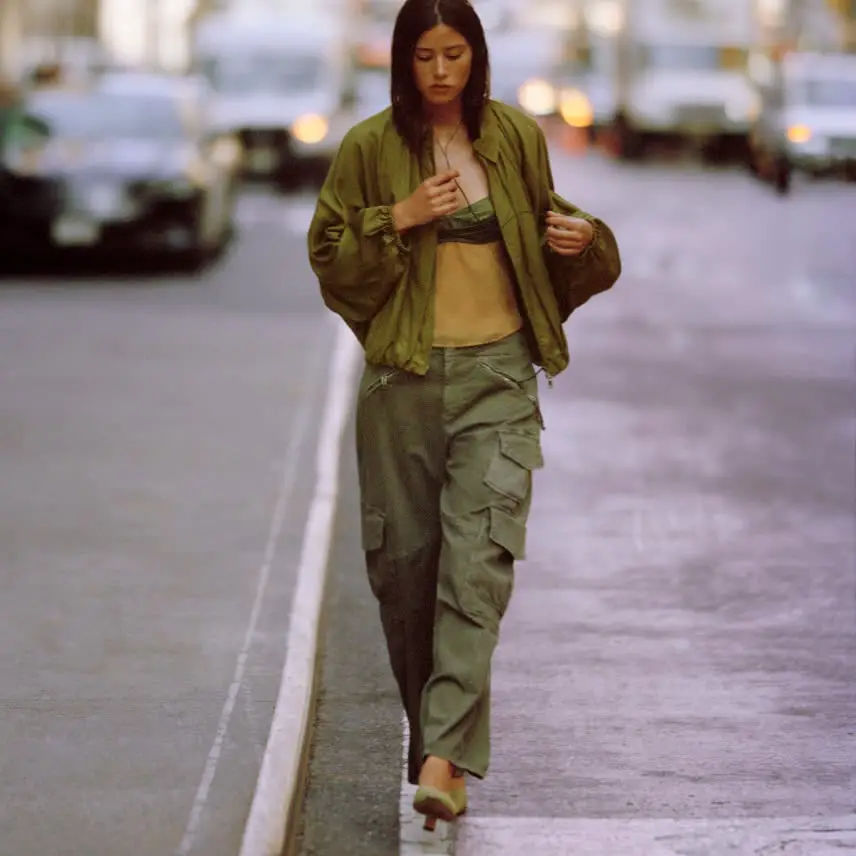 Relaxed Fit Green Cargo Pants with Bomber Jacket Relaxed Fit Green Cargo Pants with Bomber Jacket — Chic Green Cargo Pants Outfit