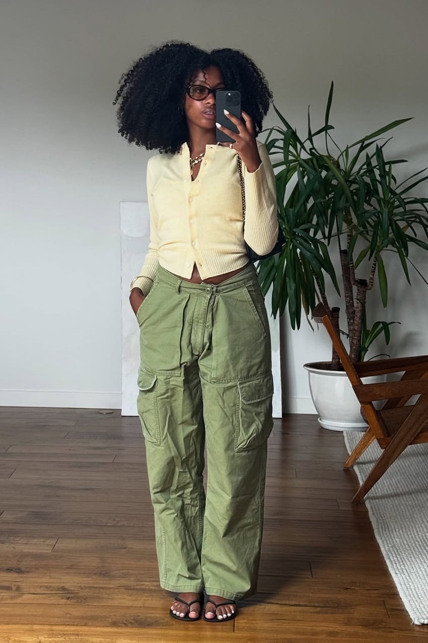 Olive Green Wide Leg Cargo Pants with Cardigan Olive Green Wide Leg Cargo Pants with Cardigan — Chic Green Cargo Pants Outfit