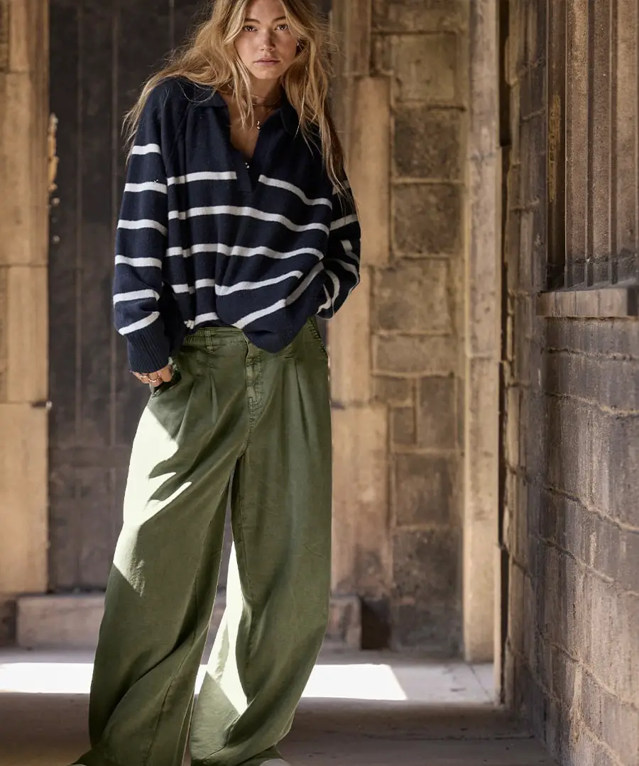 Olive Green Wide Leg Pants with Striped Sweater Olive Green Wide Leg Pants with Striped Sweater — Chic Green Cargo Pants Outfit