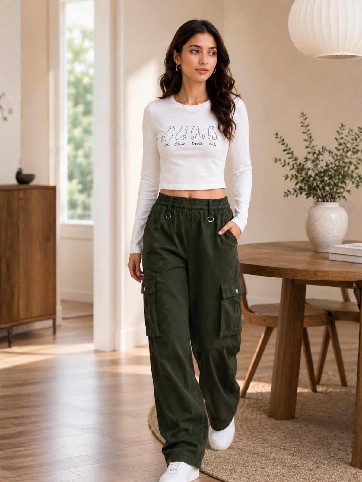 Corduroy Dark Green Cargo Pants with White Crop Top Corduroy Dark Green Cargo Pants with White Crop Top — Chic Green Cargo Pants Outfit