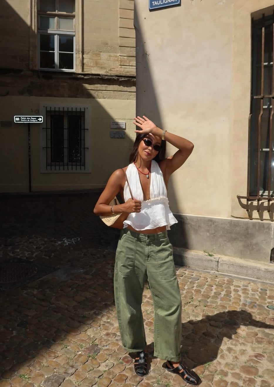 Loose Fitting Green Cargo Pants with Ruffled Halter Top Loose Fitting Green Cargo Pants with Ruffled Halter Top — Chic Green Cargo Pants Outfit