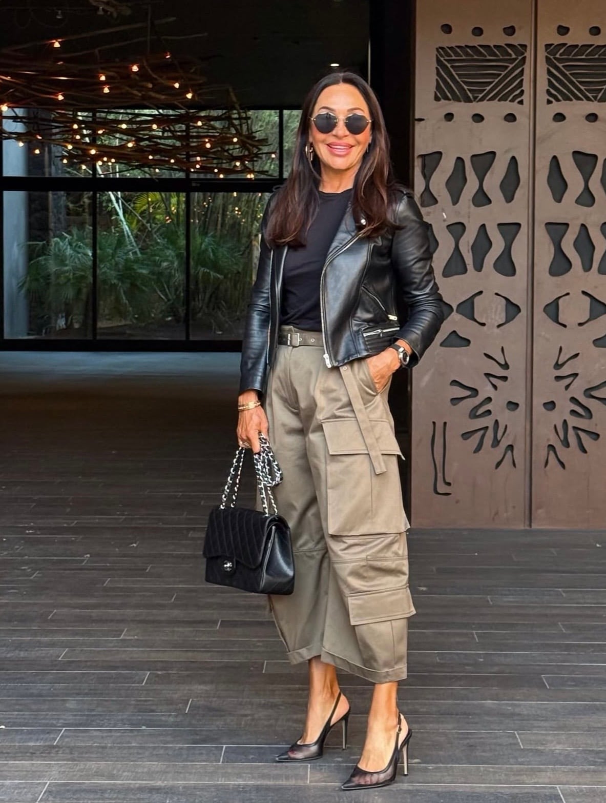 Cropped Olive Green Cargo Pants with Black Moto Jacket Cropped Olive Green Cargo Pants with Black Moto Jacket — Chic Green Cargo Pants Outfit