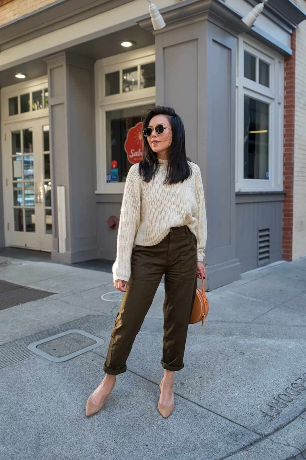 Cuffed Green Cargo Pants with Cream Knit Sweater Cuffed Green Cargo Pants with Cream Knit Sweater — Chic Green Cargo Pants Outfit