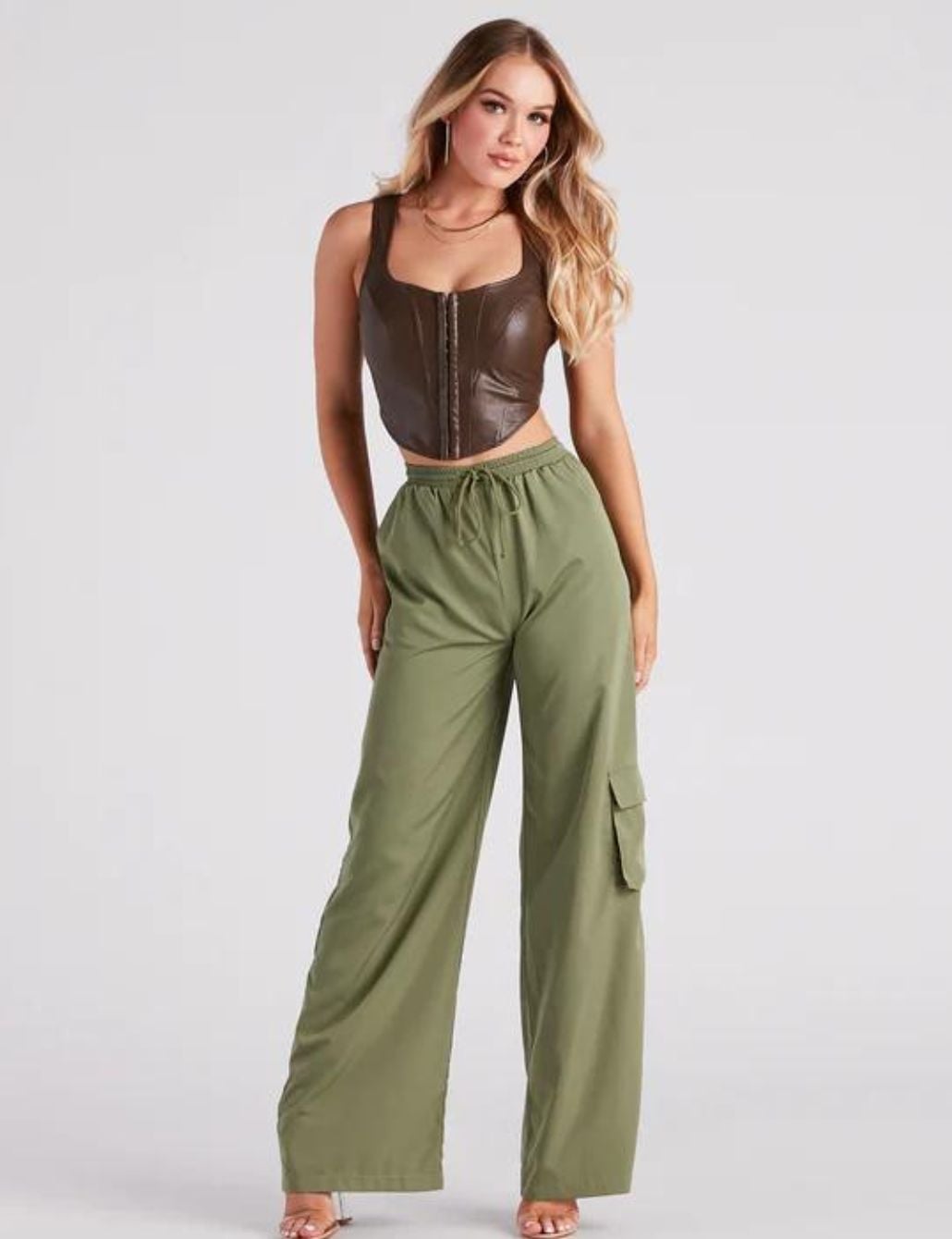 Olive Green Cargo Pants with Faux Leather Corset Top Olive Green Cargo Pants with Faux Leather Corset Top — Chic Green Cargo Pants Outfit