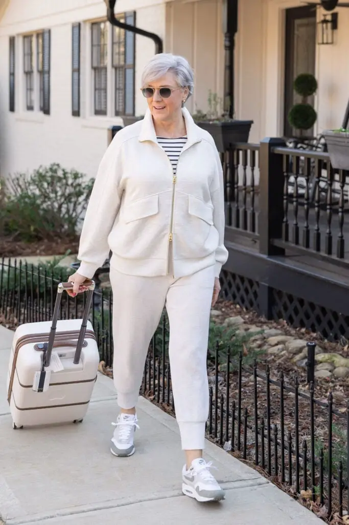 Cream Knit Zip-Up Jacket With Striped Top — Chic Style Inspo