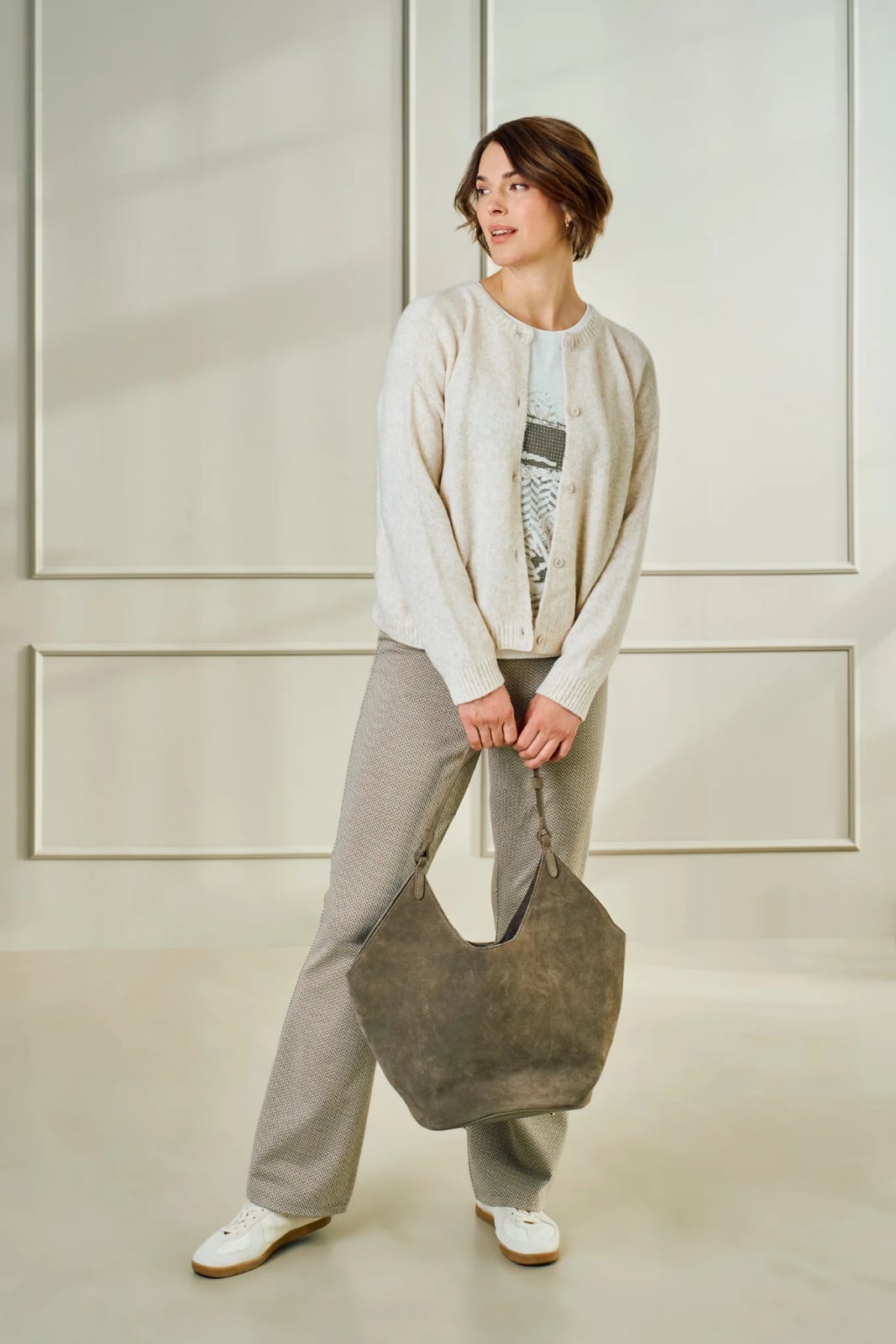 Cream Cardigan With Patterned Trousers — Chic Style Inspo