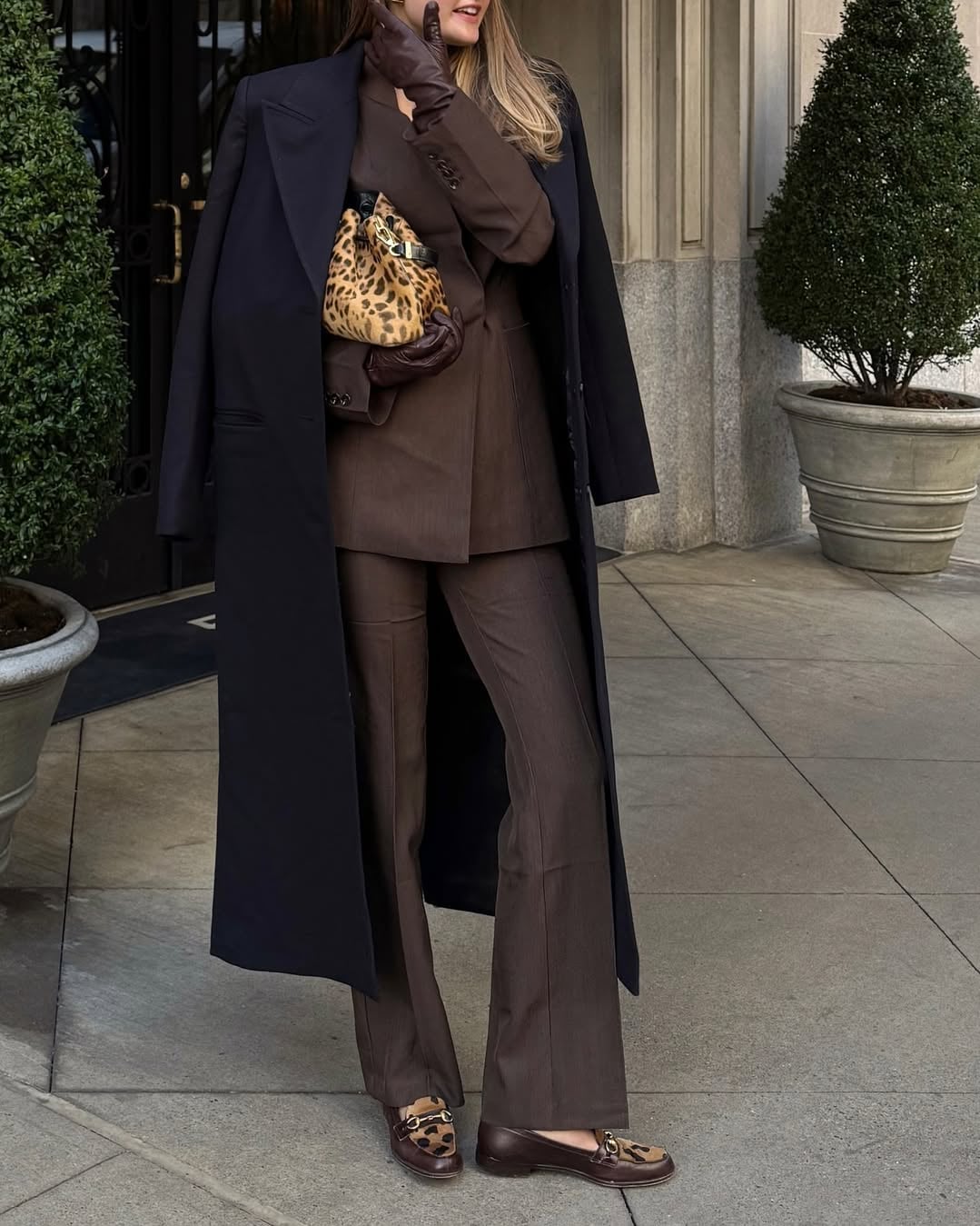 Brown Tailored Suit With Navy Overcoat — Chic Style Inspo