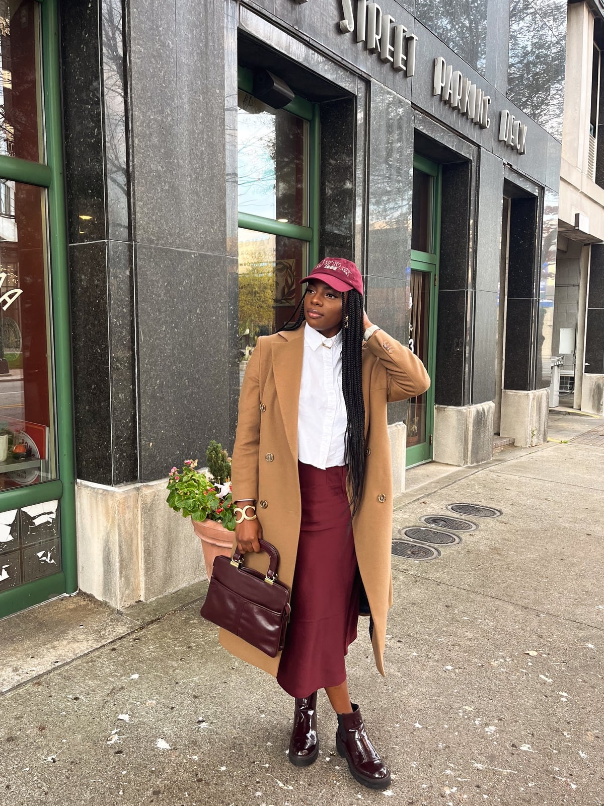 Camel Wool Coat With Satin Skirt — Chic Style Inspo
