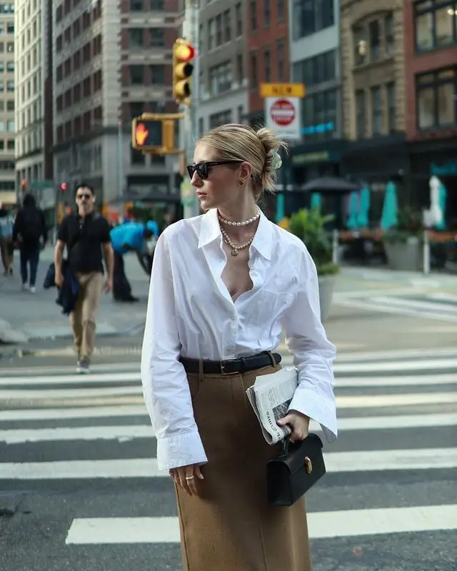 Oversized White Shirt With Brown Midi Skirt — Chic Style Inspo