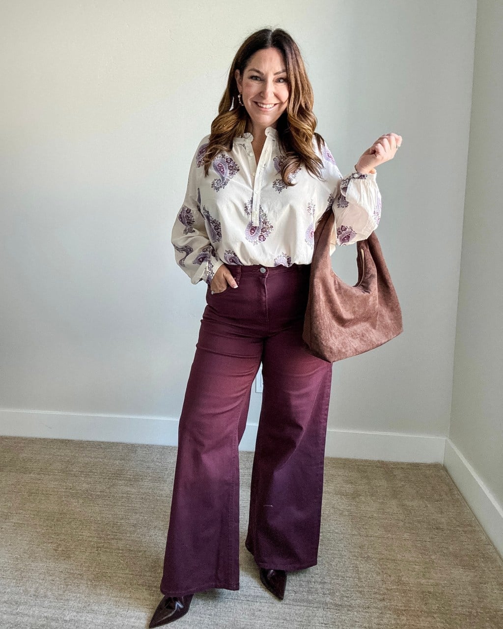 Burgundy Corduroy Trousers With Paisley Blouse — Chic Style Inspo