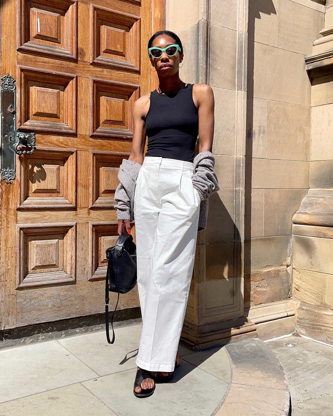 Gray Cardigan With White Wide Leg Trousers — Chic Style Inspo