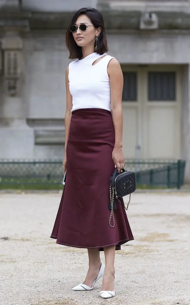 Burgundy Satin Skirt With White Top — Chic Style Inspo