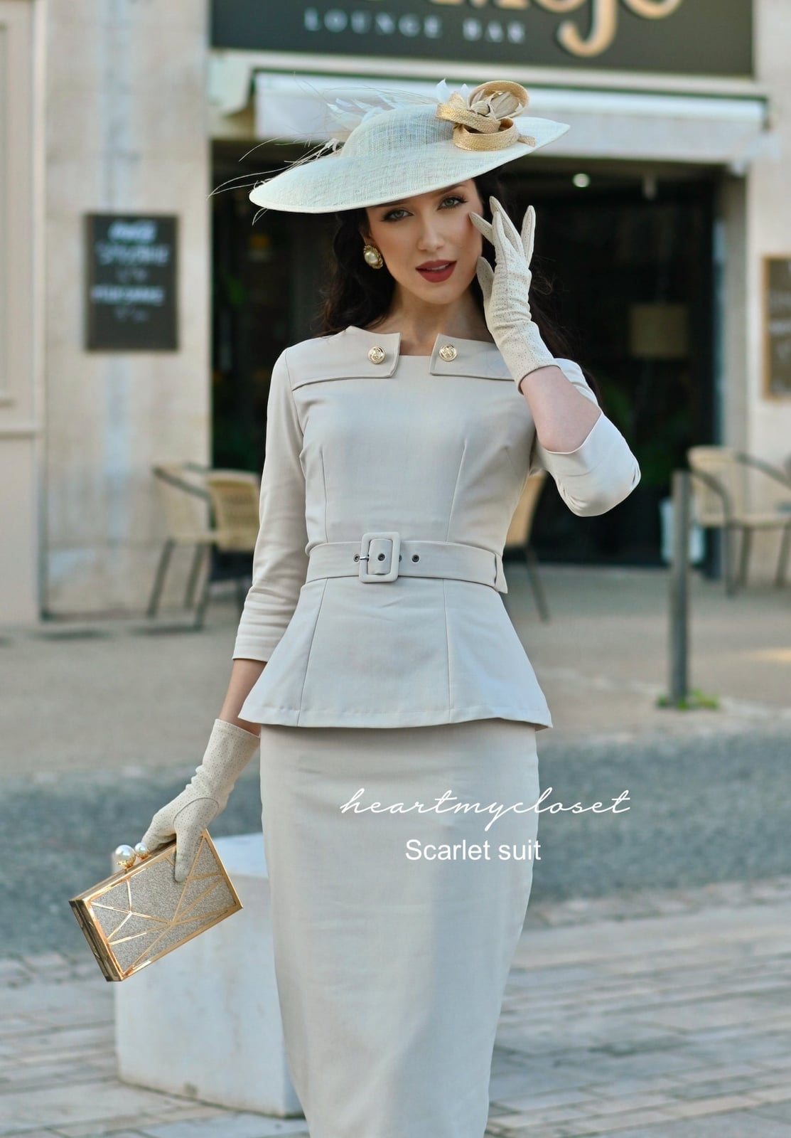 Beige Belted Peplum Jacket and Pencil Skirt — Classy 50s Style