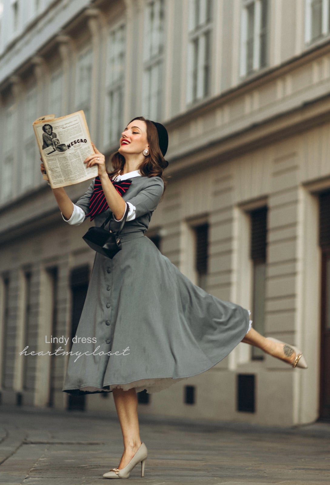 Gray Fit-and-Flare Dress With White Collar — Classy 50s Style