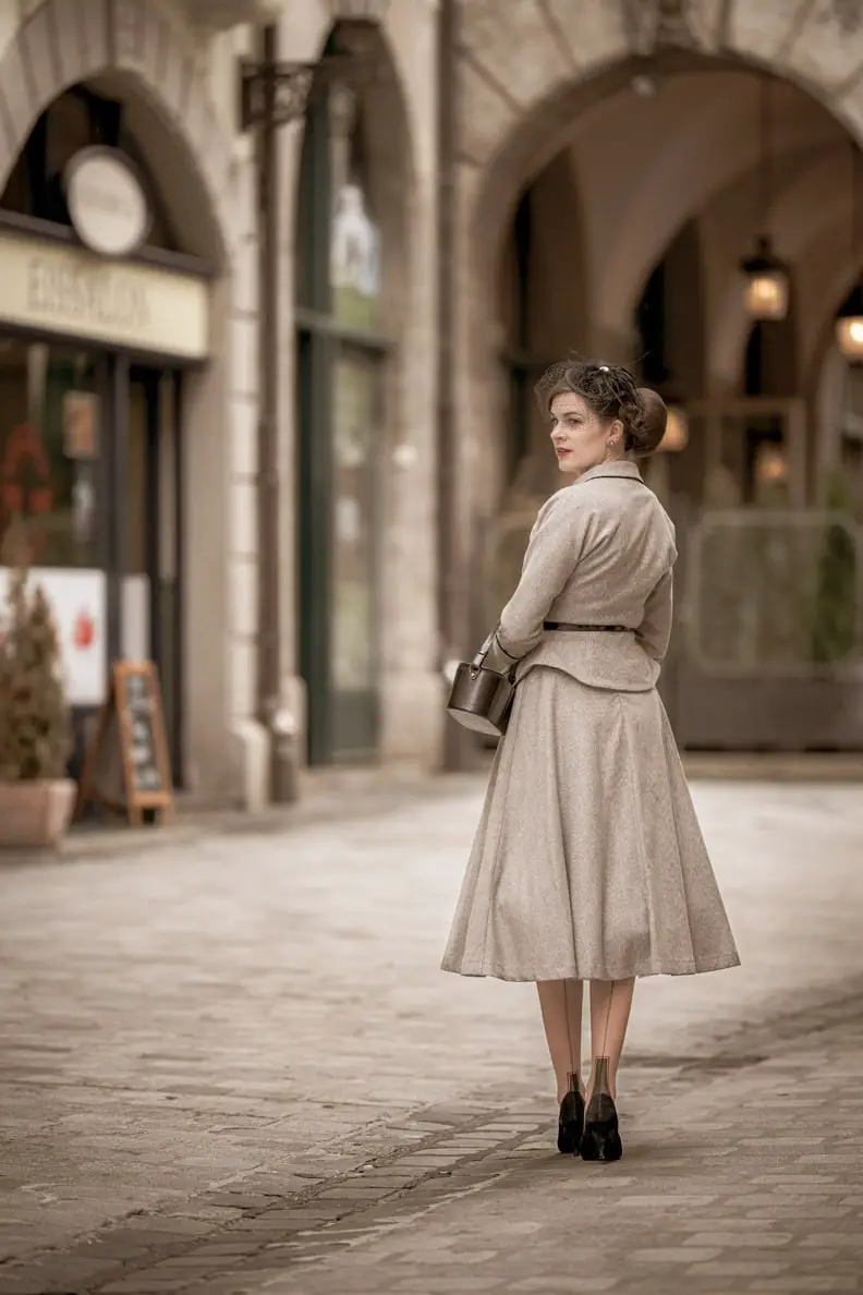 Gray Tailored Jacket and Full Skirt With Belt — Classy 50s Style