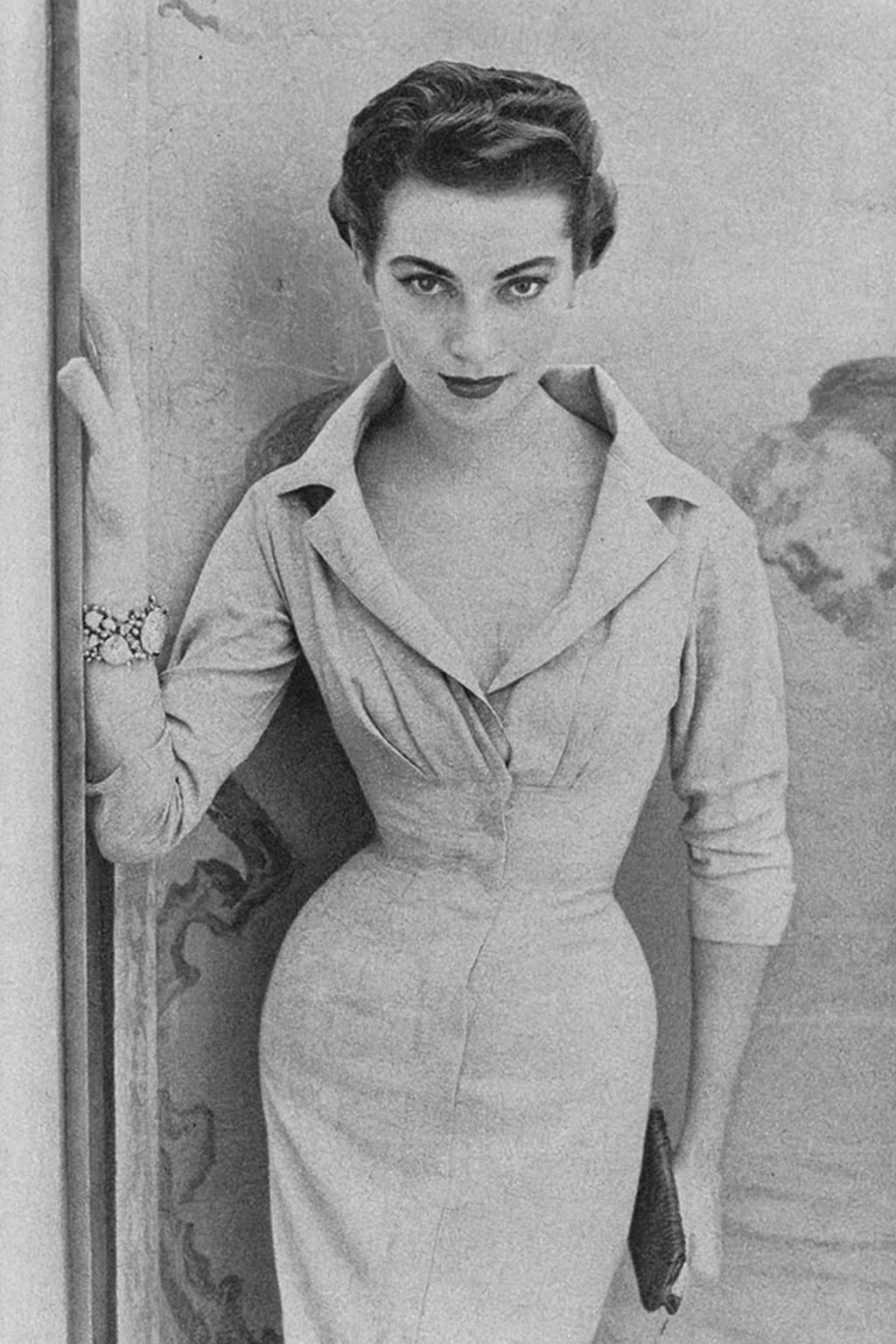 Pale Neutral Collared Dress With Hourglass Silhouette — Classy 50s Style