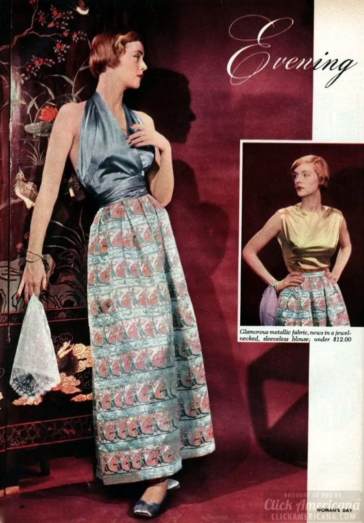 Light Blue Halter Top With Patterned Full Skirt — Classy 50s Style