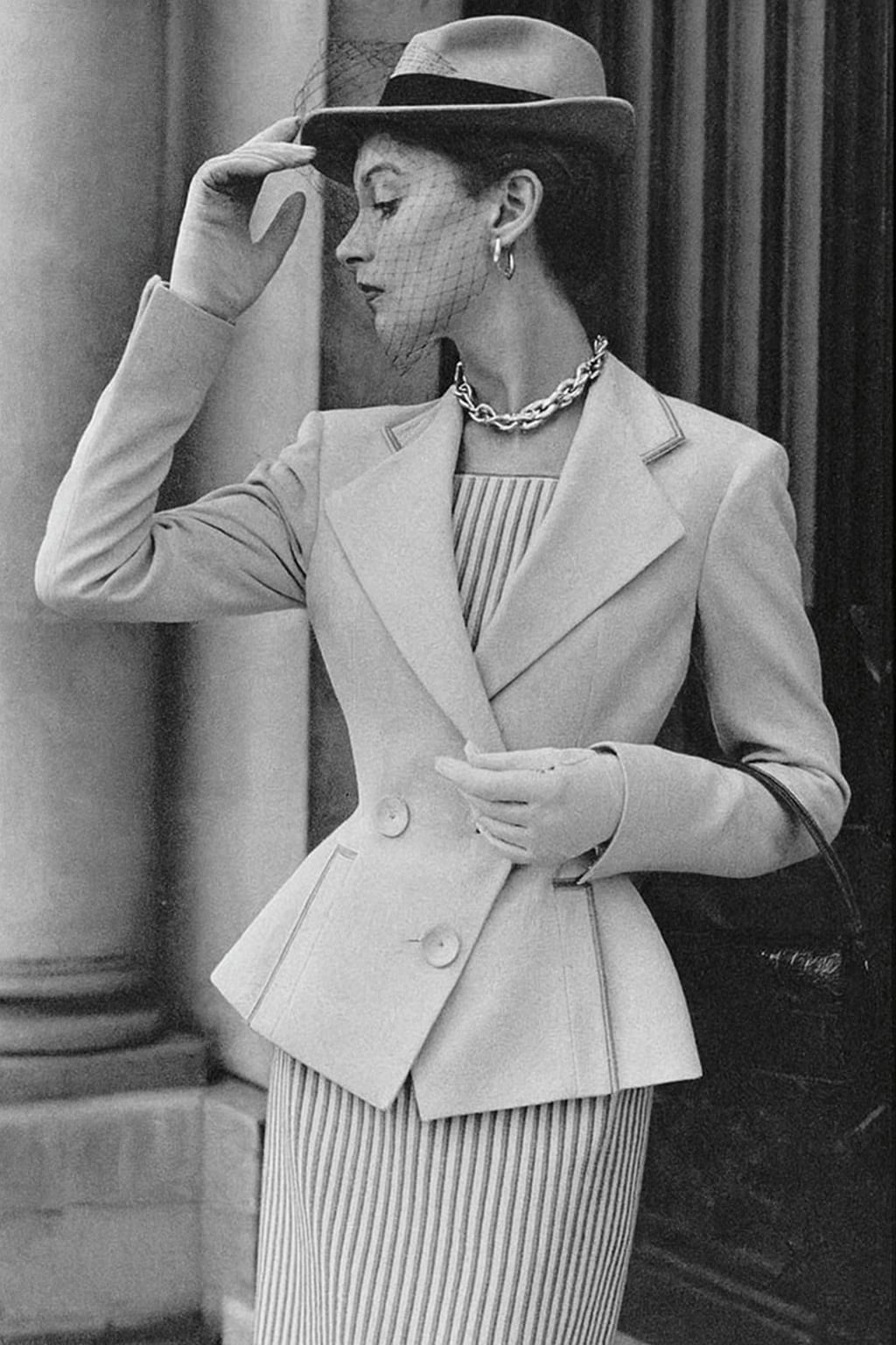 Pale Yellow Peplum Jacket Over Striped Dress — Classy 50s Style