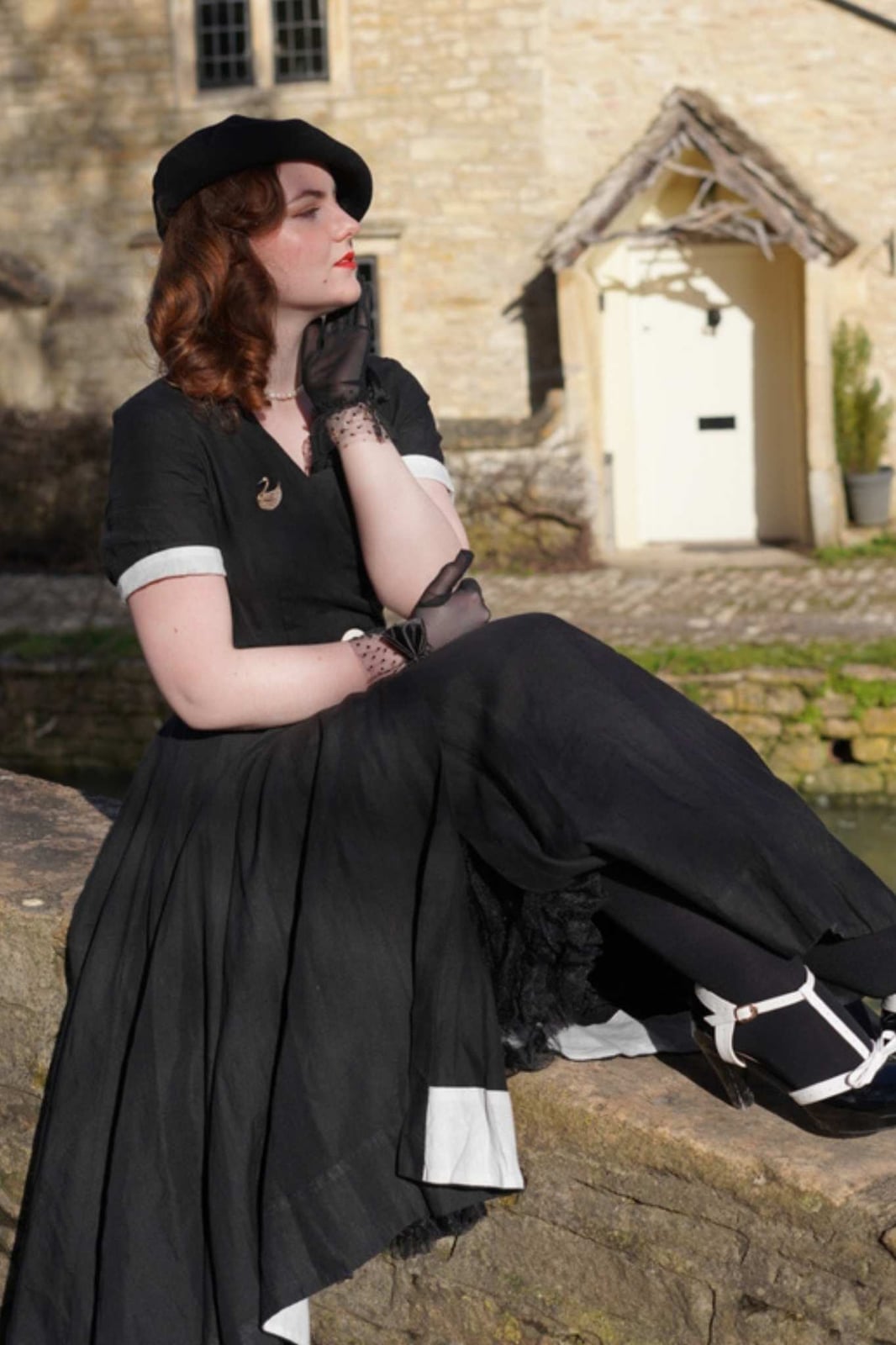 Black Midi Dress With White Collar and Cuffs — Classy 50s Style
