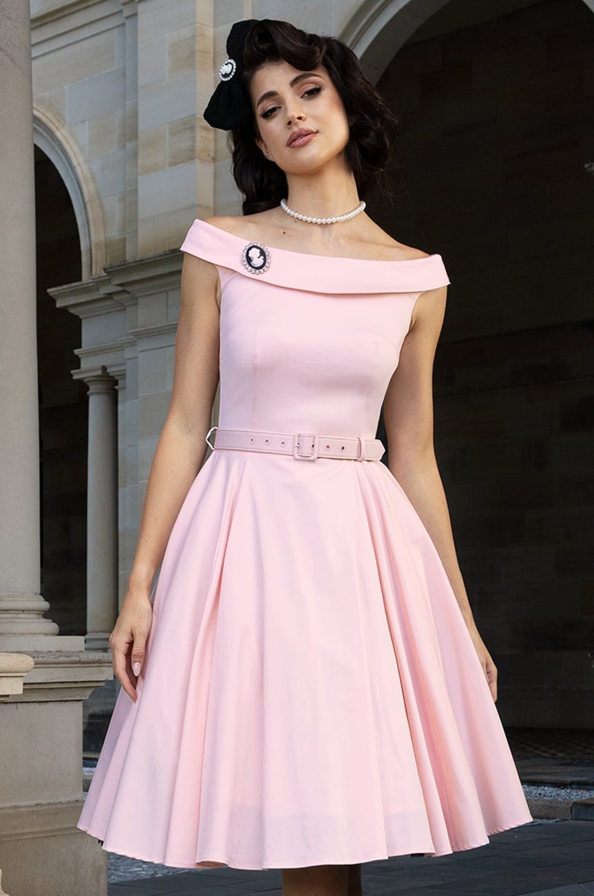 Pink Off-the-Shoulder Dress With Cameo Brooch — Classy 50s Style