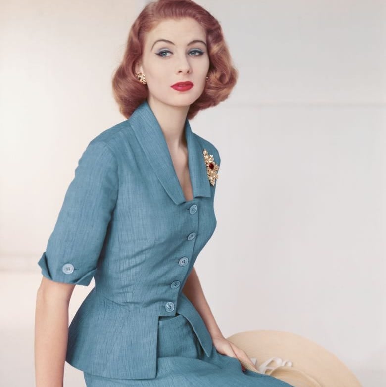 Teal Peplum Jacket and Skirt Set With Brooch — Classy 50s Style