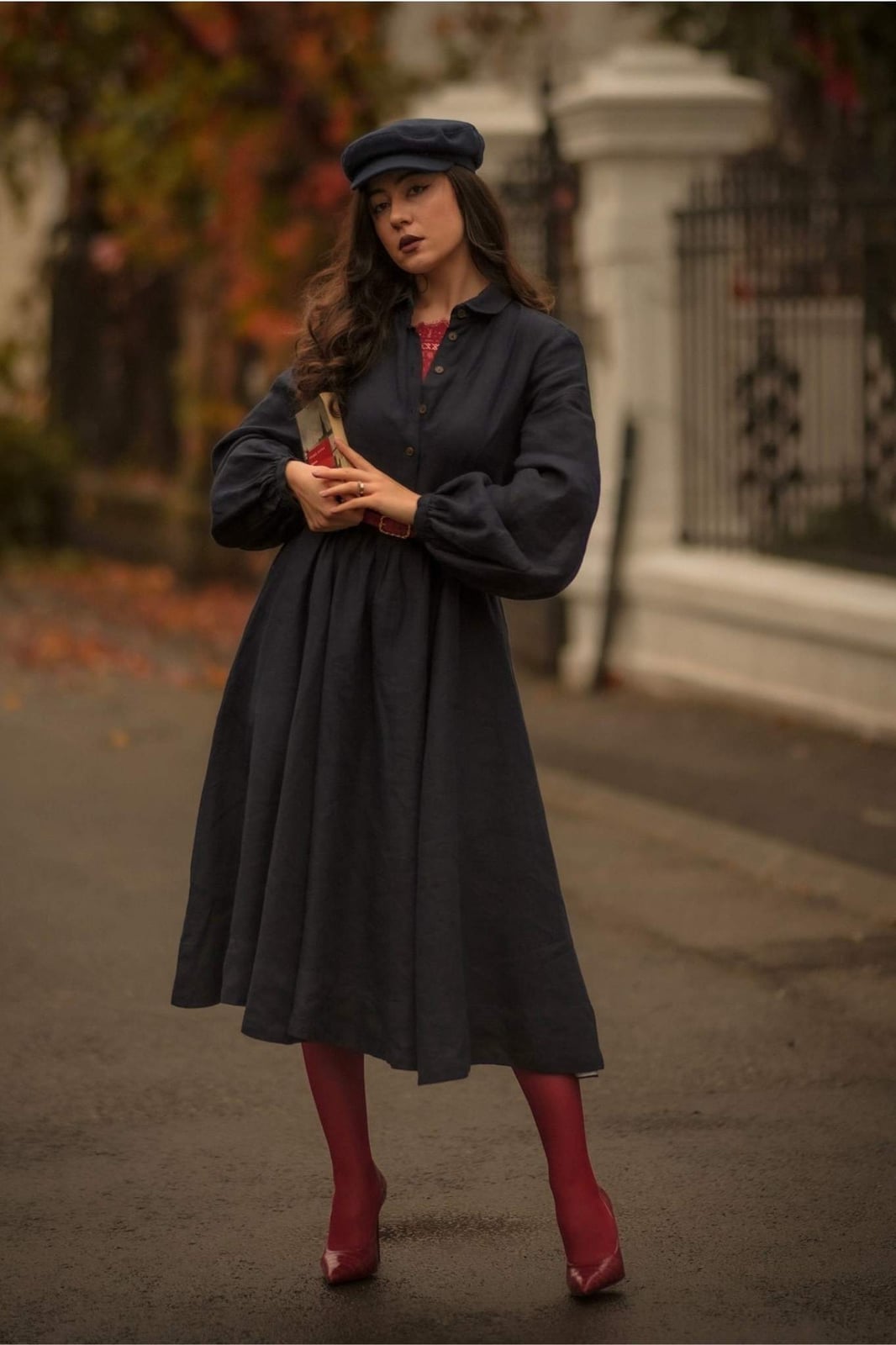 Navy Collared Dress With Voluminous Sleeves — Classy 50s Style