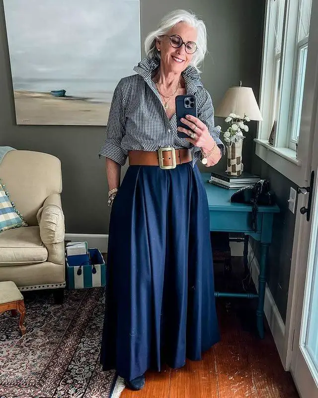 Navy Wide-Leg Trousers With Gingham Shirt — Classy 50s Style