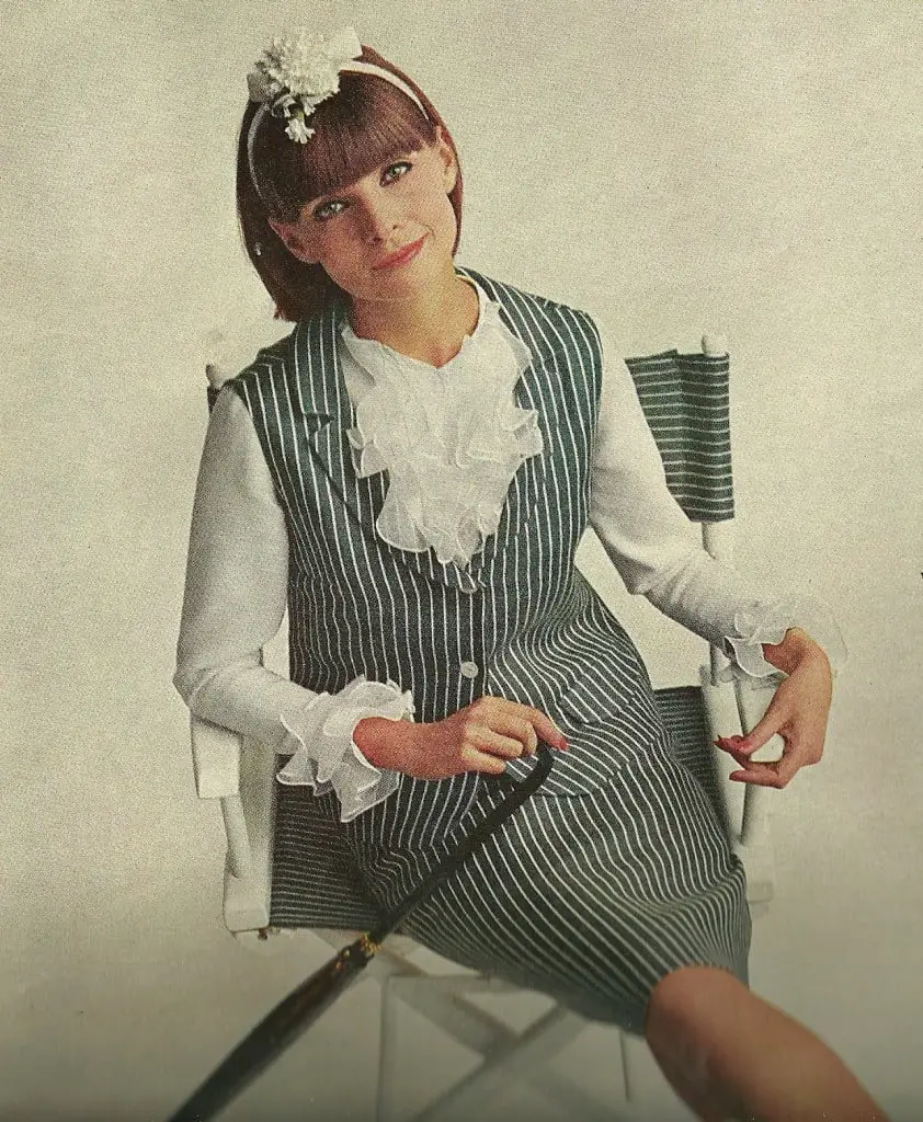 Ruffled Blouse and Pinstripe Vest Combination, Close-Up Take — Classy 60s Outfits
