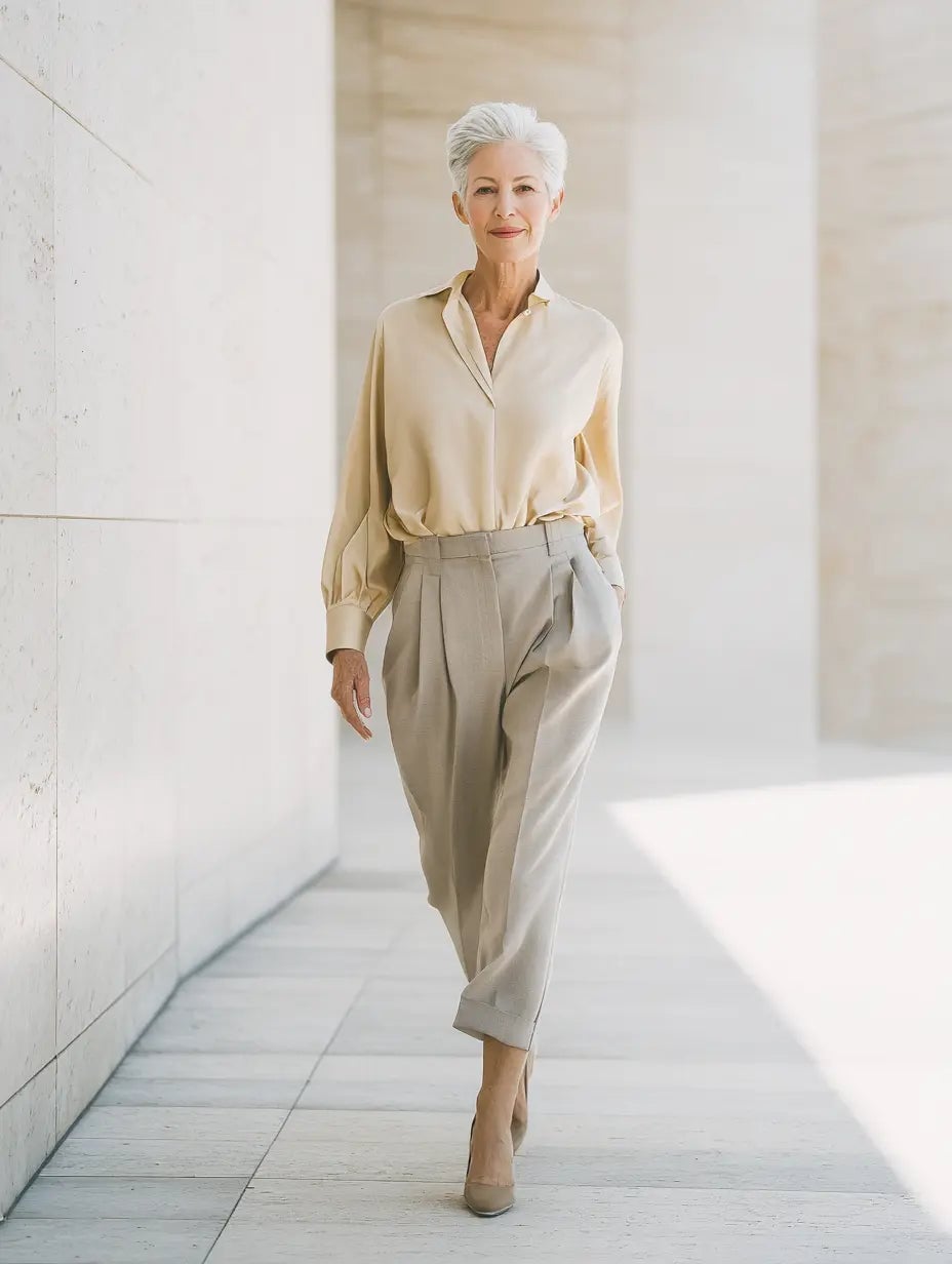 Cream Silk Blouse and Beige Pleated Trousers Cream Silk Blouse and Beige Pleated Trousers — Classy 70s Outfits