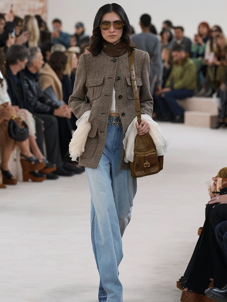 Brown Tweed Jacket with Ruffled Sleeves and Wide-Leg Jeans Brown Tweed Jacket with Ruffled Sleeves and Wide-Leg Jeans — Classy 70s Outfits