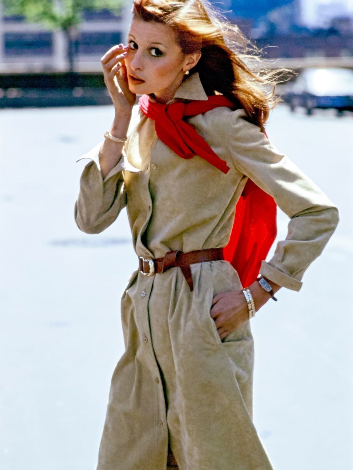 Tan Shirt Dress with Red Scarf Tan Shirt Dress with Red Scarf — Classy 70s Outfits