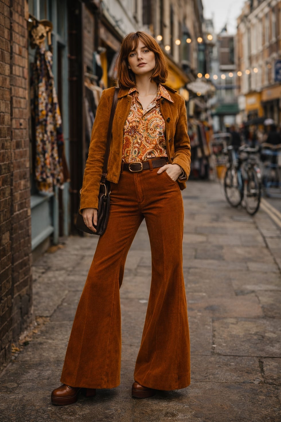 Rust Corduroy Flare Trousers and Paisley Shirt Rust Corduroy Flare Trousers and Paisley Shirt — Classy 70s Outfits