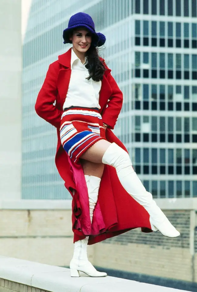 Red Coat and Colorful Striped Mini Skirt Red Coat and Colorful Striped Mini Skirt — Classy 70s Outfits