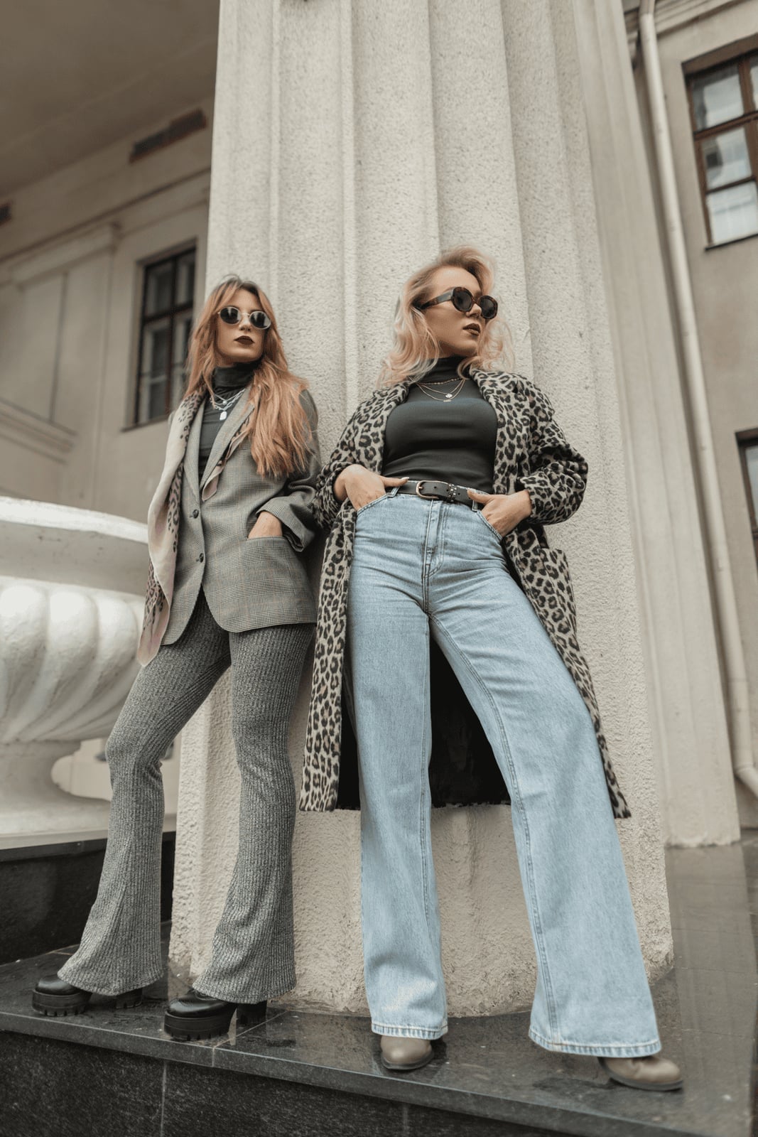 Leopard Print Coat with Gray Blazer and Flared Trousers Leopard Print Coat with Gray Blazer and Flared Trousers — Classy 70s Outfits