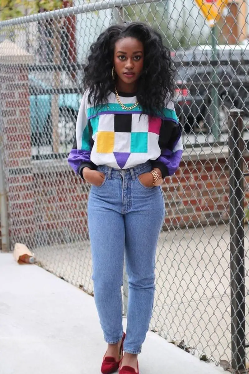 Color Block Sweatshirt with Denim Jeans Color Block Sweatshirt with Denim Jeans — Classy 80s Style