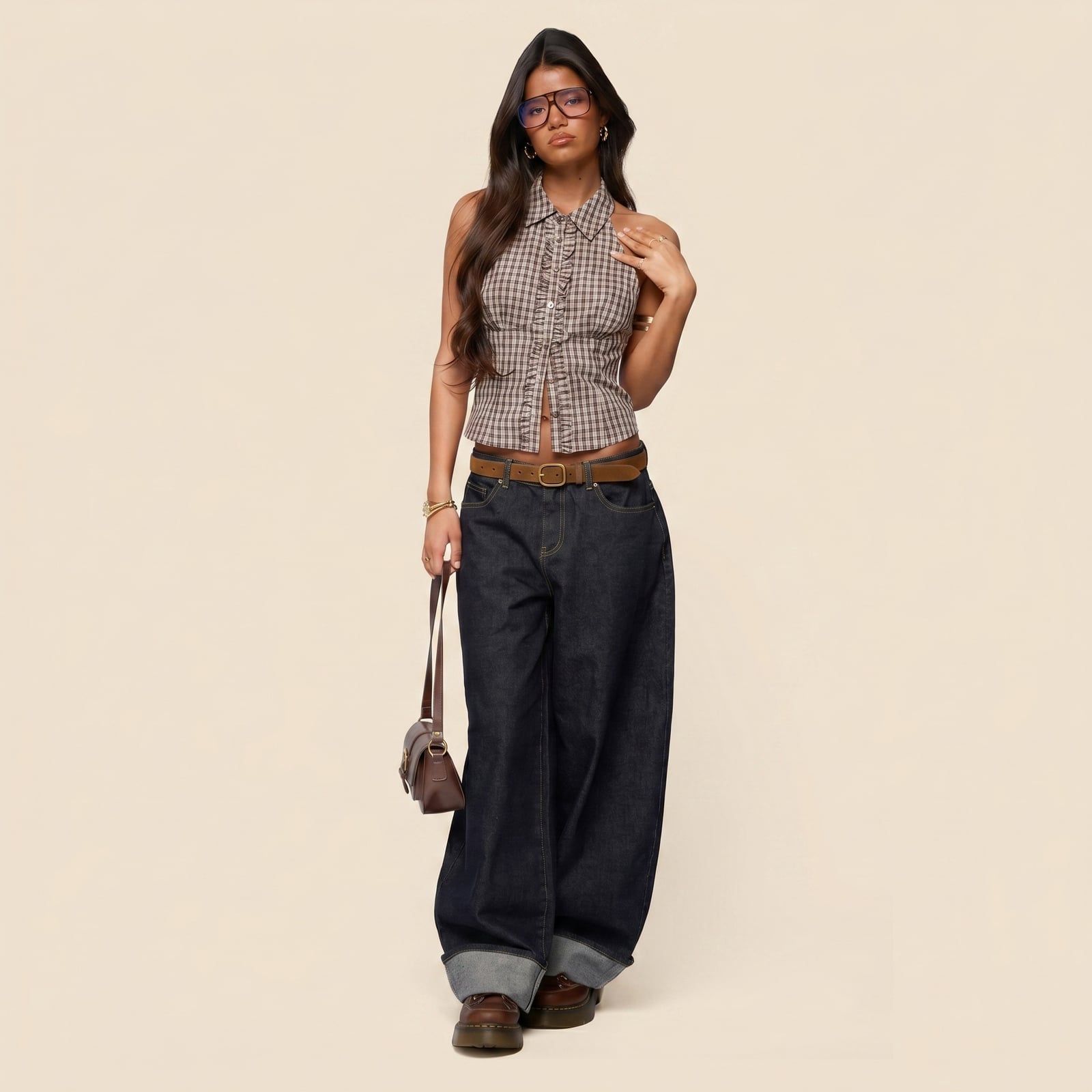 Wide-Leg Jeans with Plaid Top — Classy 90s Outfits