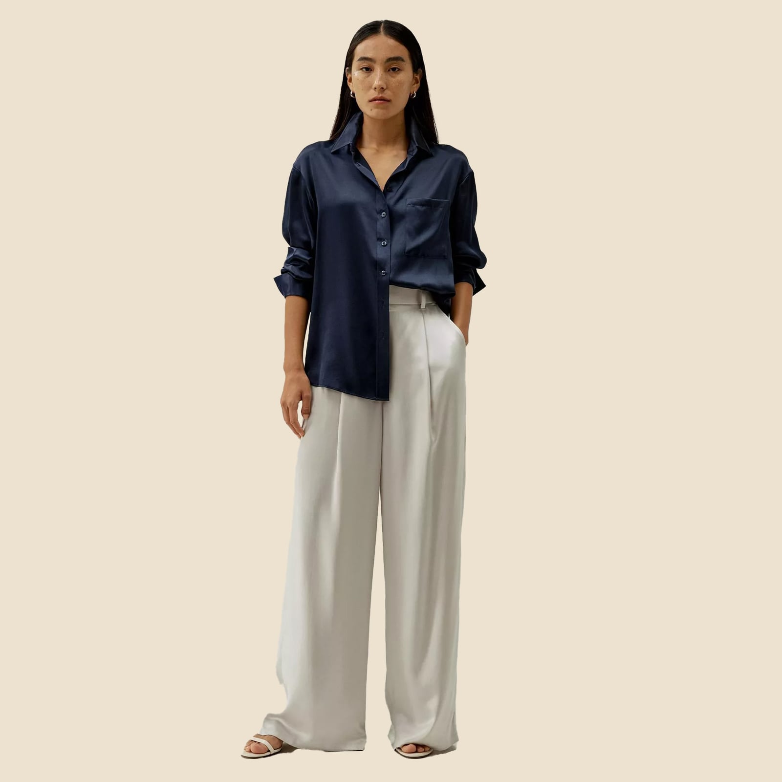 Chic Oversized Trousers with Silk Blouse — Classy 90s Outfits