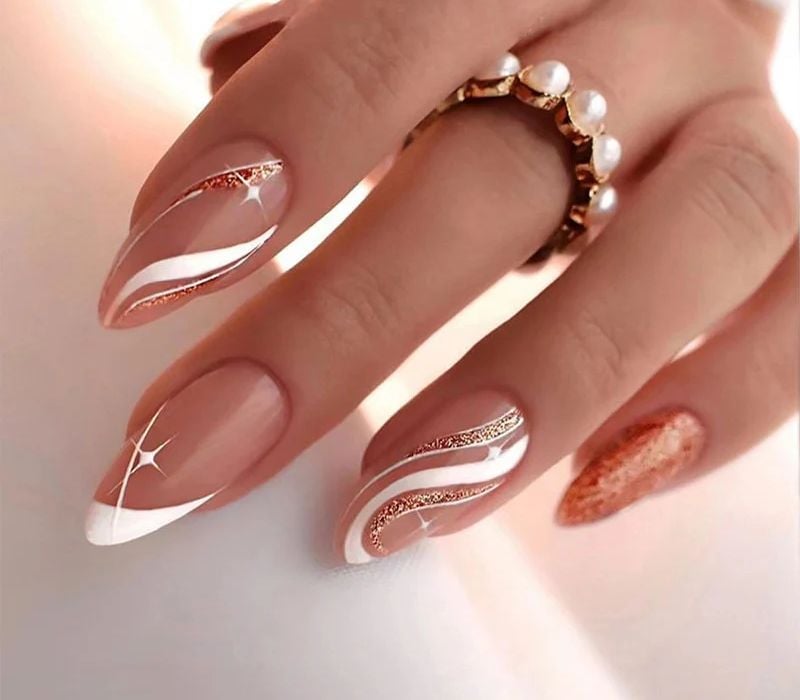 Medium Almond Nails With White Abstract French Tips — Classy Abstract Nails
