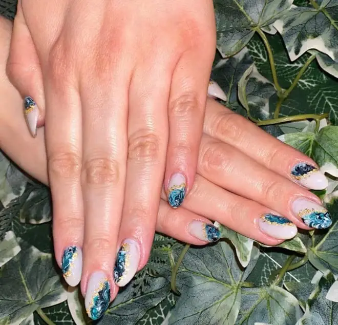 Medium Square Nails With Light Blue Abstract Swirls — Classy Abstract Nails