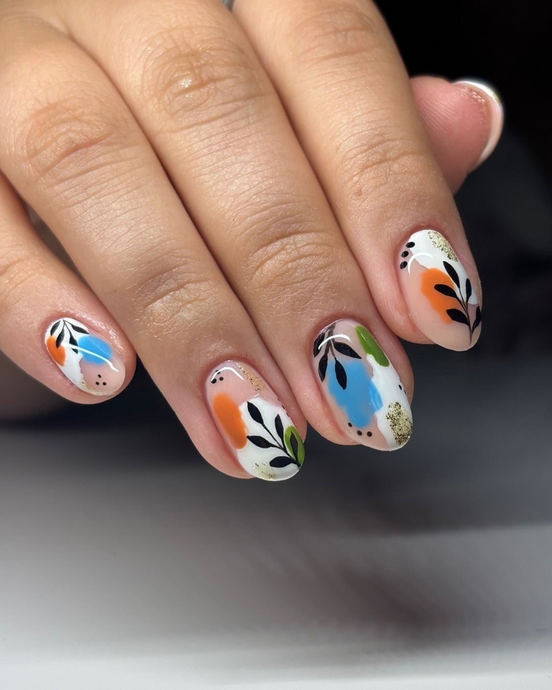 Medium Oval Nails With Colorful Abstract Blobs And Leaves — Classy Abstract Nails