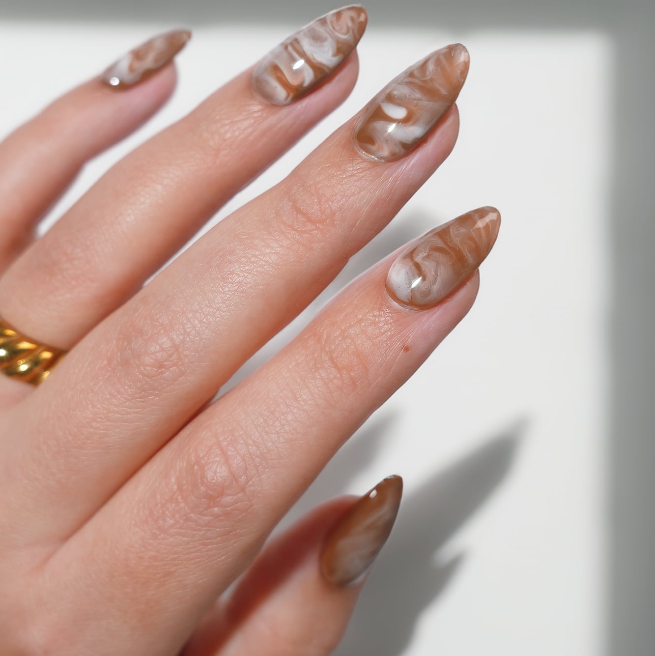 Long Stiletto Nails With Beige Marble Pattern — Classy Abstract Nails