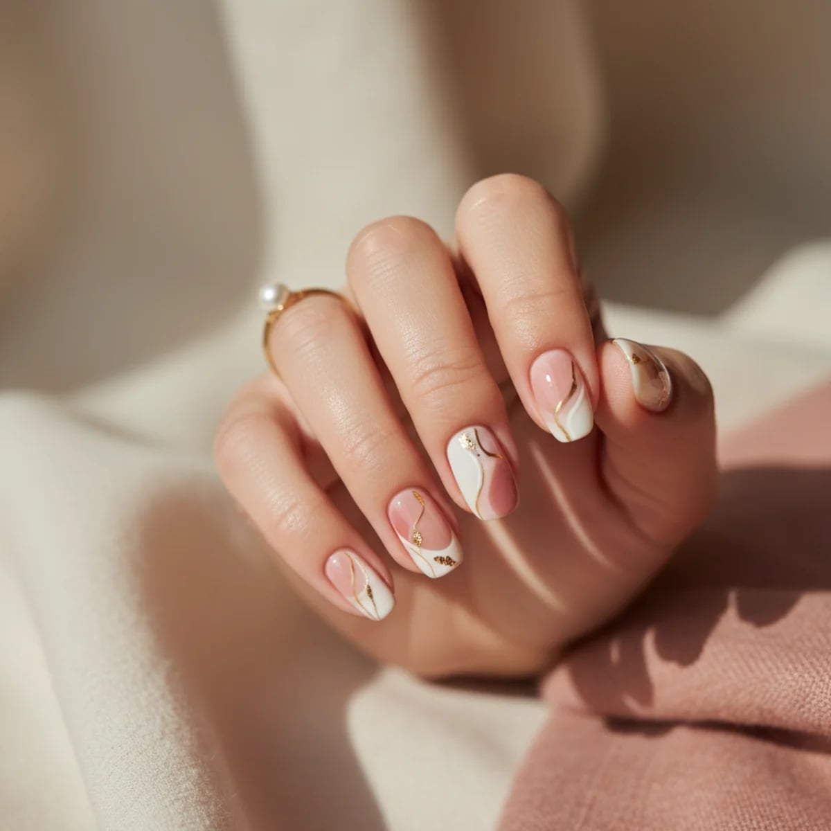 Nude Oval Nails With Flowing Gold Abstract Lines — Classy Abstract Nails