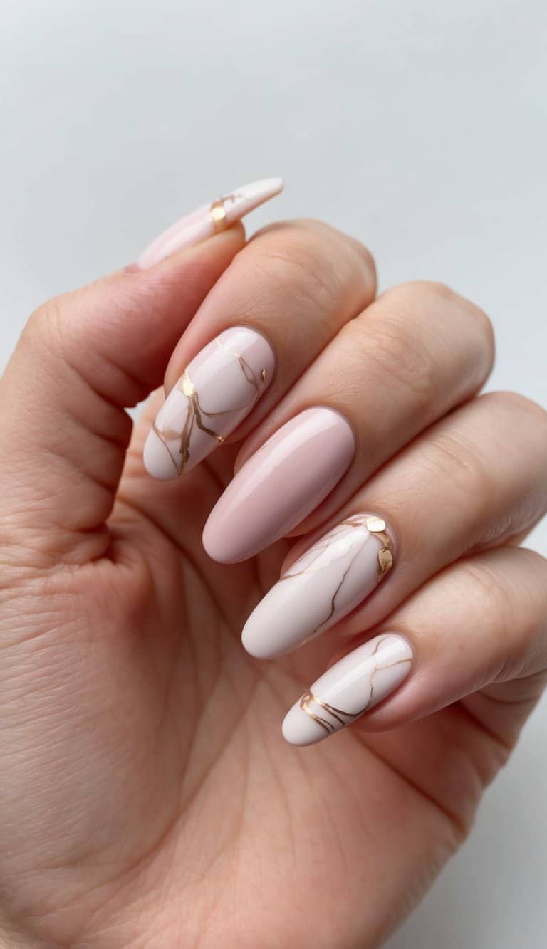 Long Almond Nails With Gold Foil Abstract Veins — Classy Abstract Nails