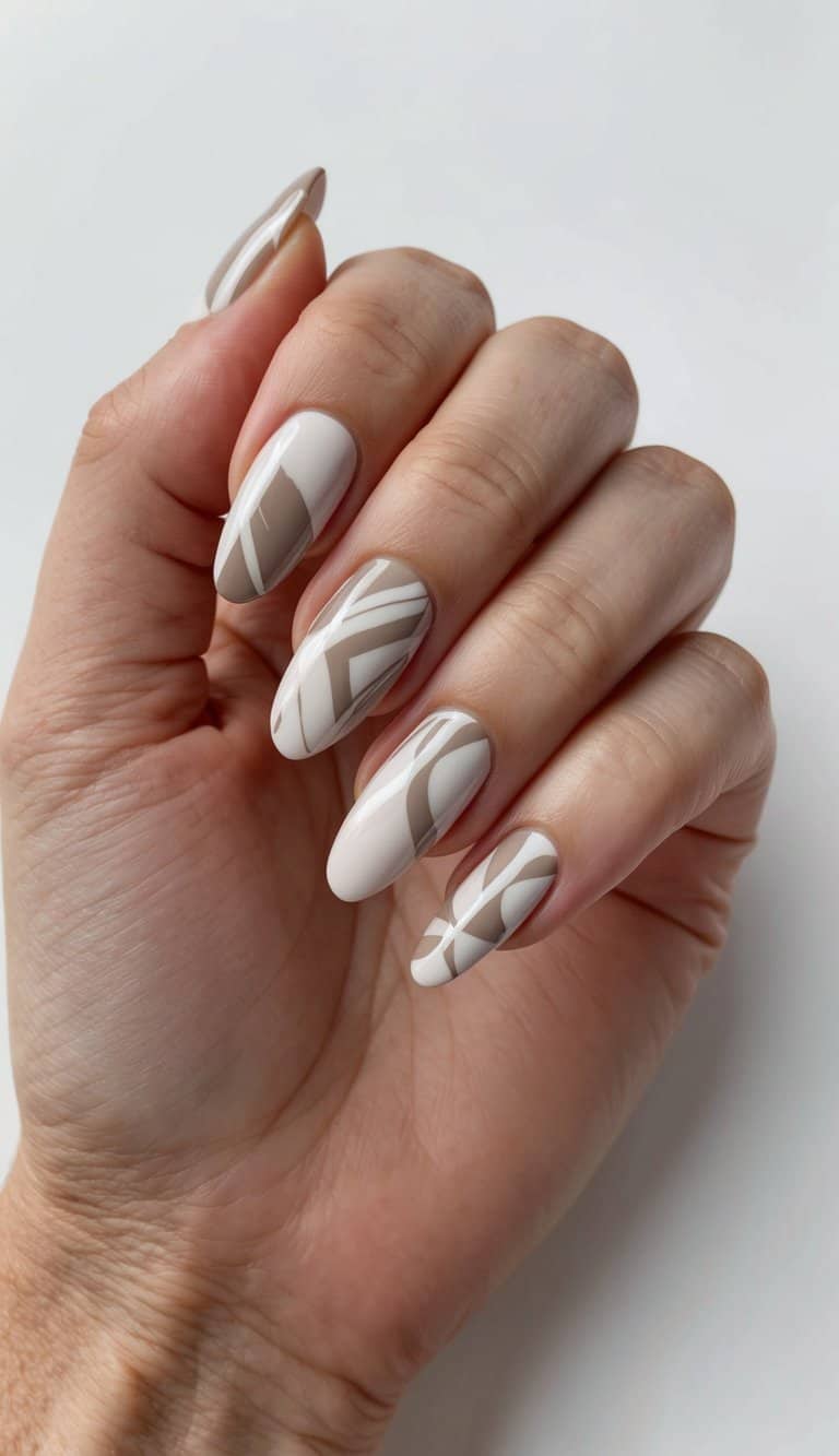 Beige Oval Nails With Intersecting Brown Lines — Classy Abstract Nails