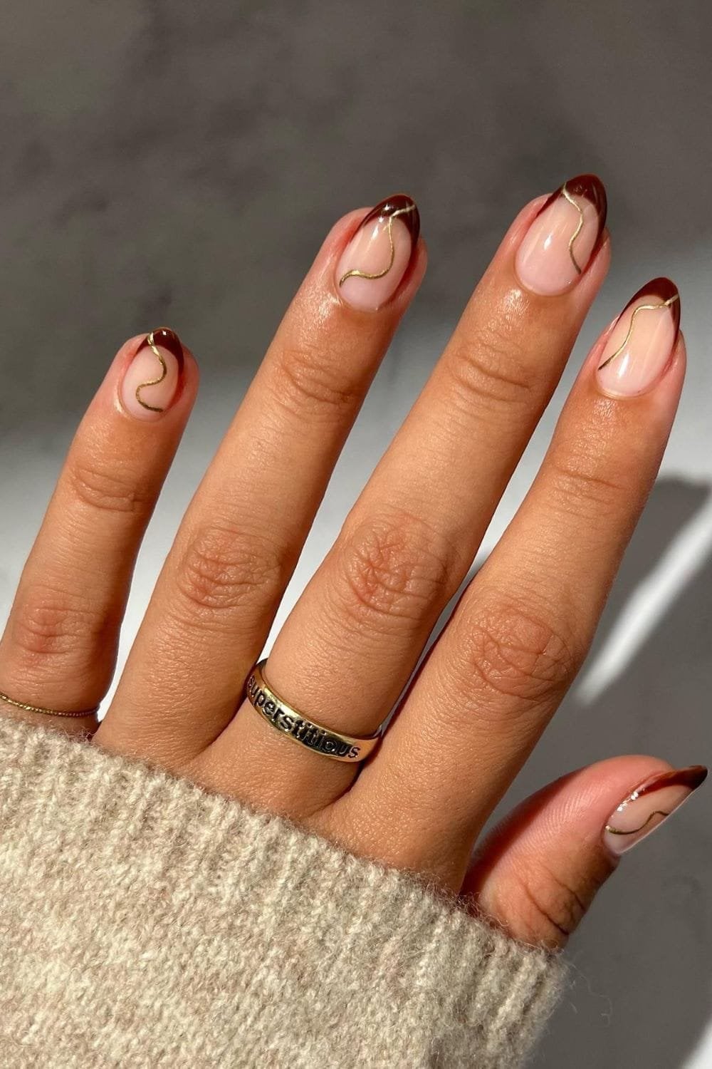 Short Natural Nails With Brown French Tips And Gold Lines — Classy Abstract Nails