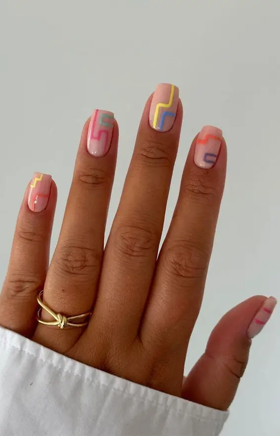Short Square Nails With Pastel Abstract Lines — Classy Abstract Nails